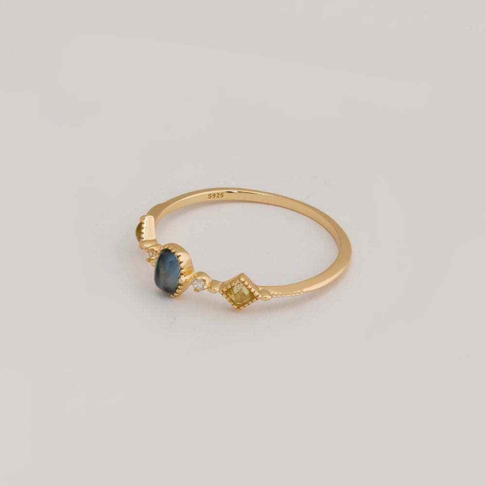 Emotional Factory Jewelry 925 Sterling Silver 14K Gold Plated Gemstone Series 3 Stone Rings Green Peridot Aquamarine Ring