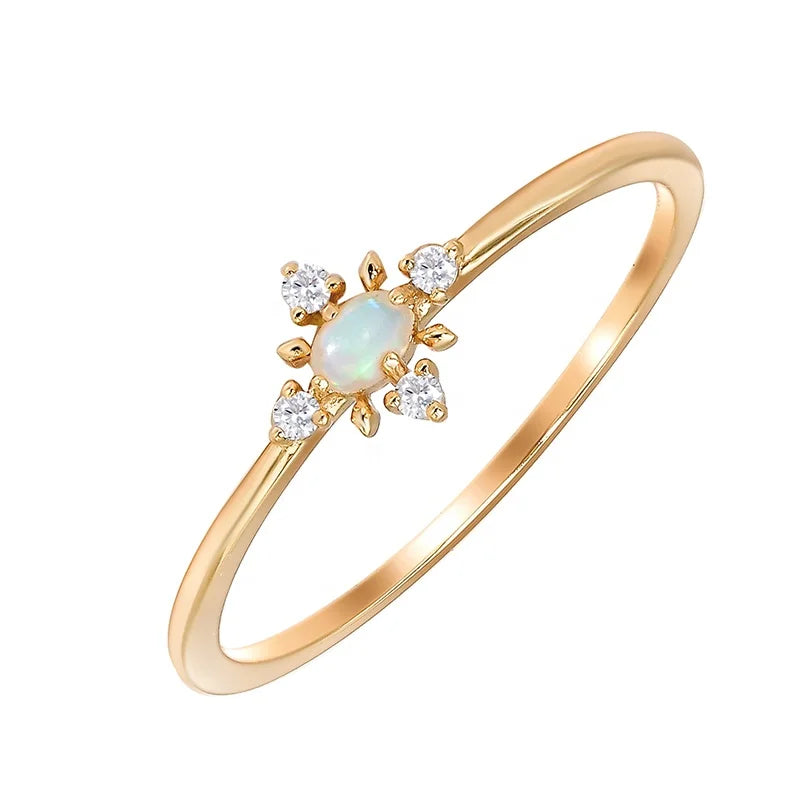 Fashionable and Simple Design Snowflake S925 Silver Plated 14K Gold Australian Opal Ring Stackable Thin Ring