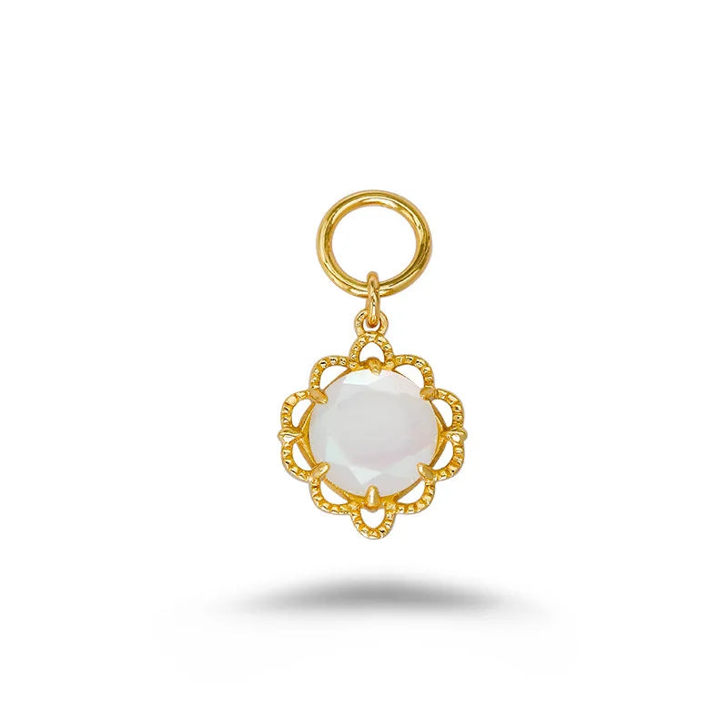 925 Sterling Silver 14K Gold Plated Gemstone Layered Stone Double Sided Wear Flower Natural Shell Rock White Crystal Pendant