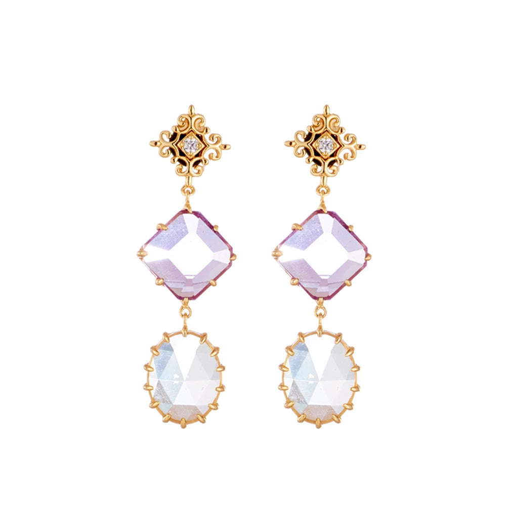 Factory Jewelry 925 Sterling Silver 14K Gold Plated Gemstone Series Crystal Brazilian Amethyst White Topaz Long Earrings