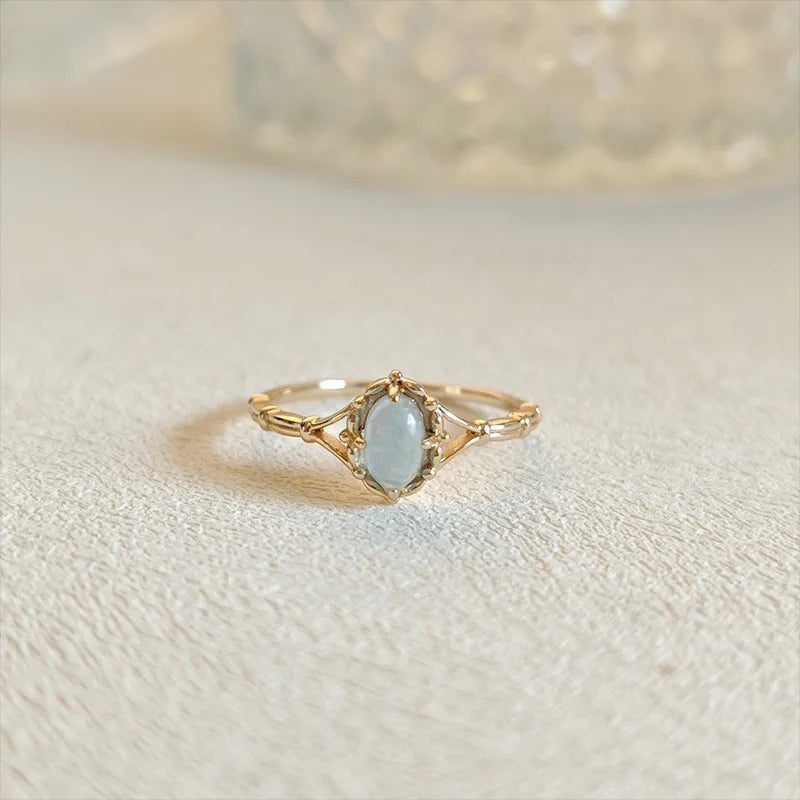 Emotional Factory 925 Sterling Silver 14K Gold Plated Gemstone Retro Literary Vintage Aquamarine Ring