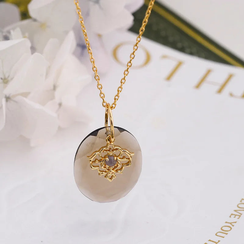 Emotional  925 Sterling Silver 14K Gold Plated Gem Stone Gemstone Geometric Egg Shape Cordierite Lace Quartz Stone Pendant