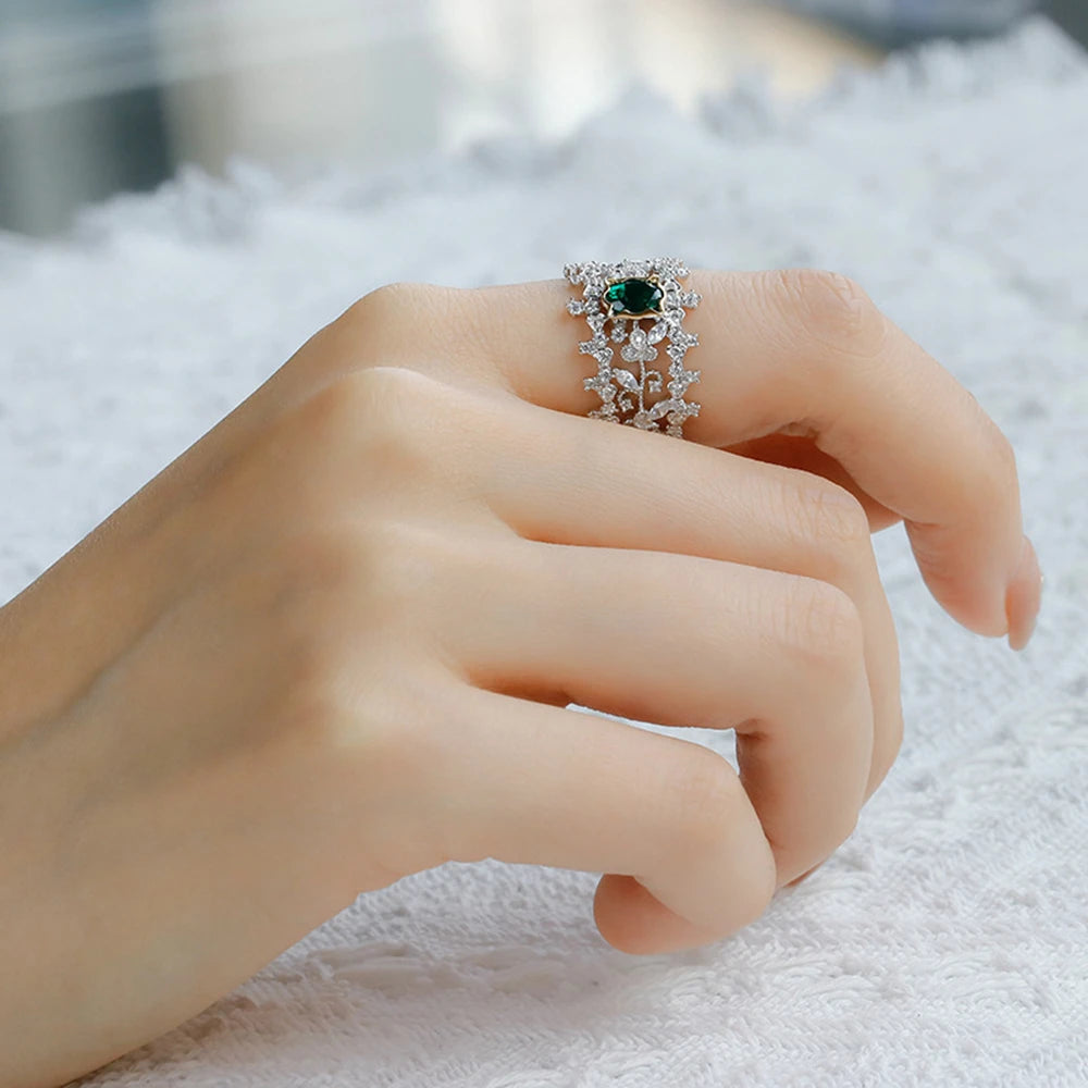 Emotional Factory 925 Sterling Silver 14K Gold Plated Gem Stone Gemstone Retro Hollow Geometric Flower Cultured Emerald Ring