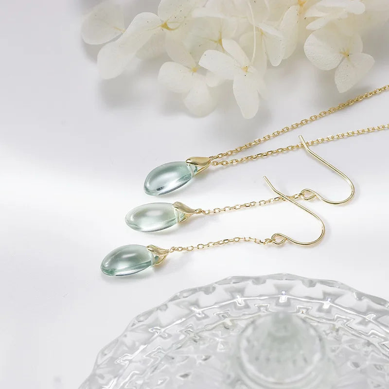 Emotional Factory 925 Sterling Silver 14K Gold Plated Gemstone Drop Green Quartzite Long Strip  Earrings