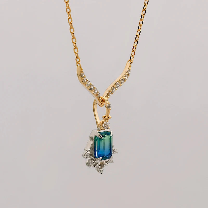 14K Gold Plated Necklace with Dual Tone Elegant Green & Blue Quartz Sparkling White Zircon Japanese Light Luxury Jewelry