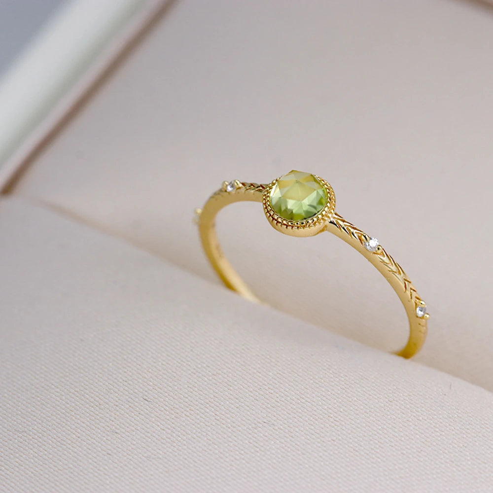 Emotional Factory 925 Sterling Silver 14K Gold Plated Gem Stone Gemstone Geometrical Zircon Round Stone Peridot Ring