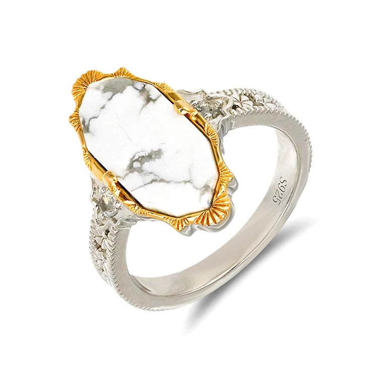 Emotional Factory 925 Sterling Silver 14K Gold Plated Gem Stone Gemstone Retro  Cz Zircon Labradorite White Turquoise Ring