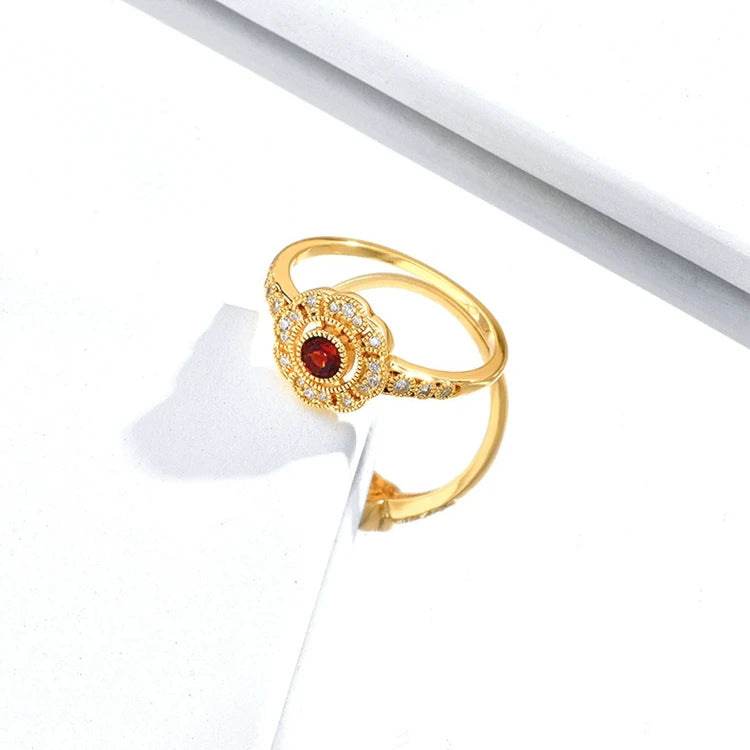 Emotional Factory 925 Sterling Silver 14K Gold Plated Gemstone Evil Eyes Red Garnet Flower Ring