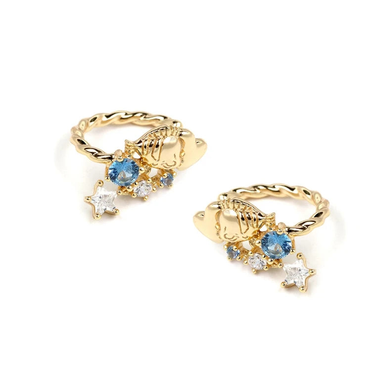 Emotional Factory 925 Sterling Silver 14K Gold Plated Gemstone Blue Spinel Small Fish Starfish Earrings