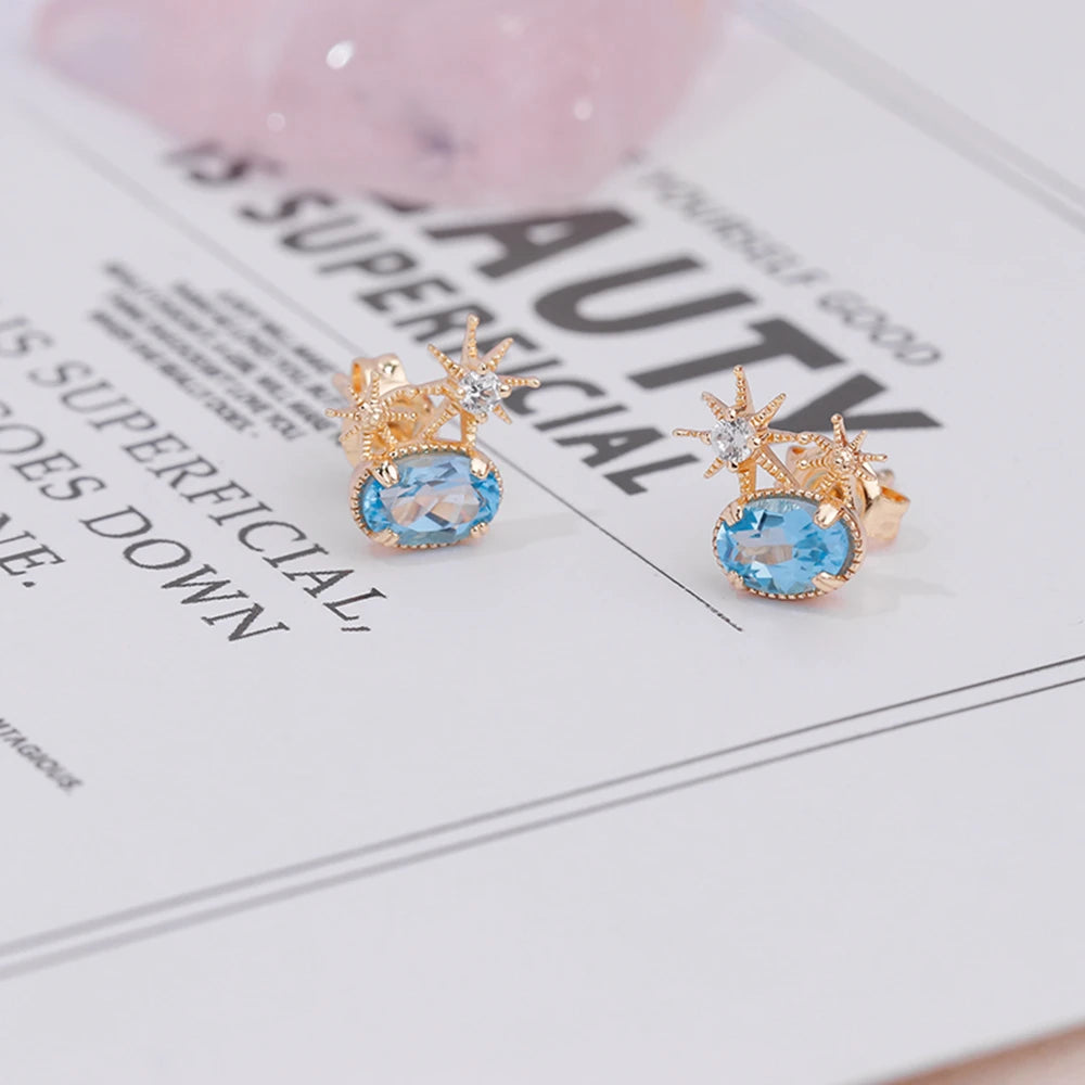 Gemstone Gem Natural Swiss Blue Topaz Star Stud Earrings