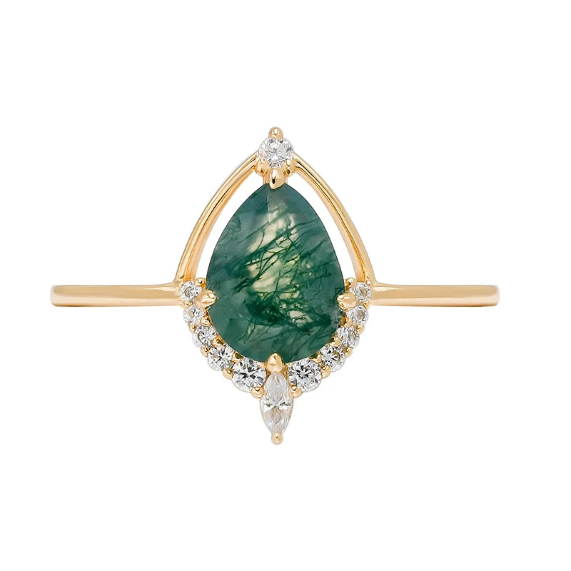 Luxury Fashion Jewelry Women's Gift Boutique Green Moss Agate 925 Sterling Silver Ring Electroplated 14K Gemstone Ring