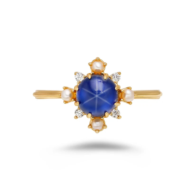 14K Gold Plated 925 Sterling Silver Snowflake Ring with Elegant Synthetic Star Sapphire ,Pearl and White Zircon