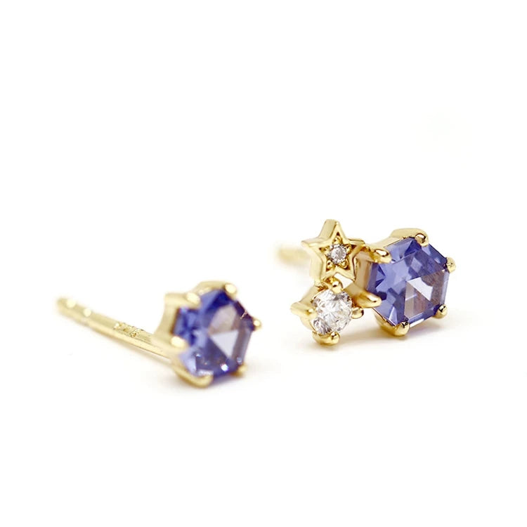 925 Sterling Silver 14K Gold Plated Gemstone Raw Hand Set Blue Topaz Natural Moonstone Tanzanite Zircon Star Stud Earrings