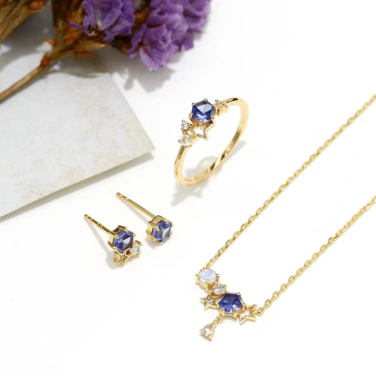 925 Sterling Silver 14K Gold Plated Gemstone Raw Hand Set Blue Topaz Natural Moonstone Tanzanite Zircon Star Stud Earrings