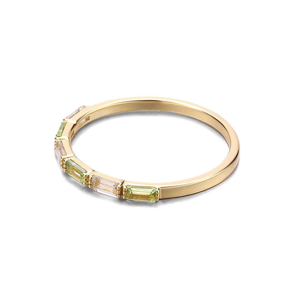 925 Sterling Silver 14K Gold Plated Gemstone White Topaz Peridot Layer Baguette Ring With Natural Stone