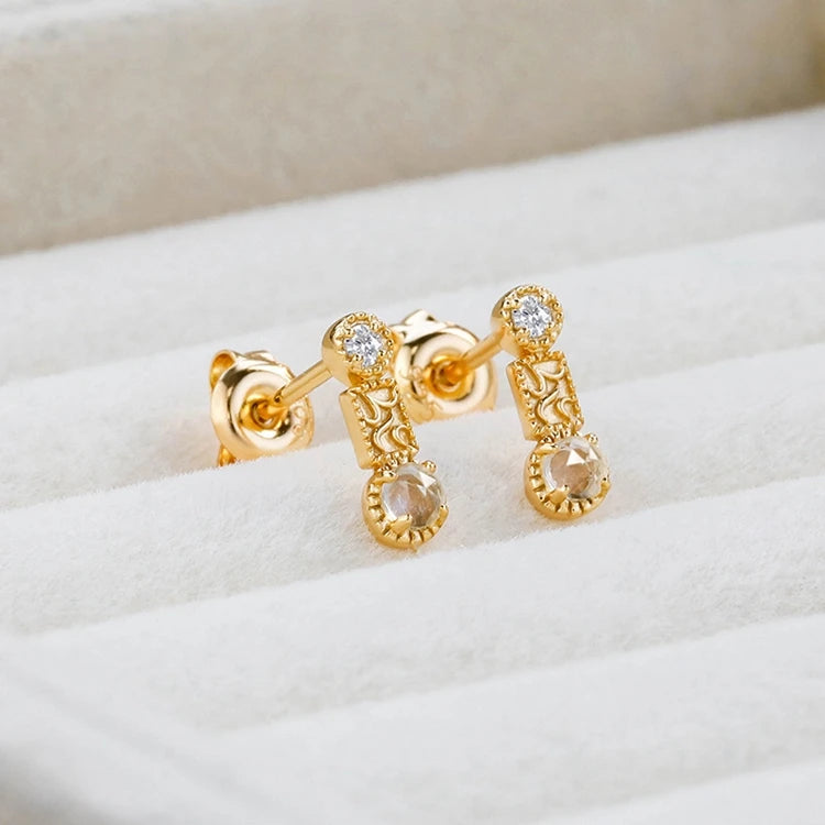 Emotional Factory 925 Sterling Silver 14K Gold Plated Gemstone Geometry Crystal Lace White Zircon Stud Earrings