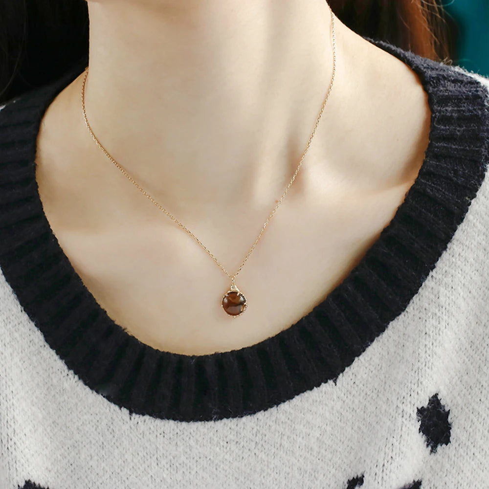 Emotional 925 Sterling Silver 14K Gold Plated Gemstone Cute Cat Golden Tea Crystals Necklace