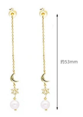 Emotional Factory 925 Sterling Silver 14K Gold Plated Gemstone Pearl Moon Star Long Line Earrings