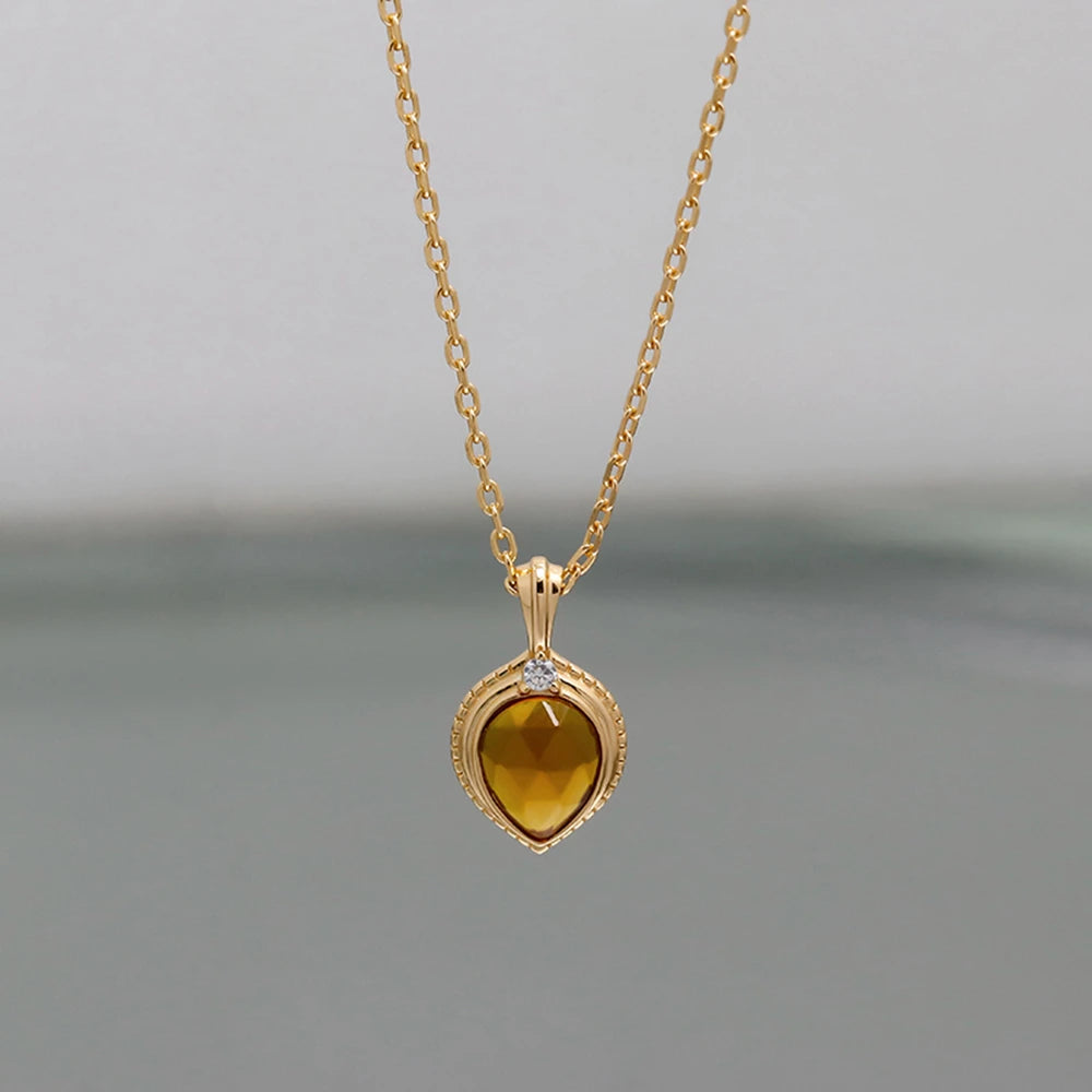 925 Sterling Silver 14K Gold Plated Gemstone Time Drop Cz Zircon Synthetic Amber Necklace