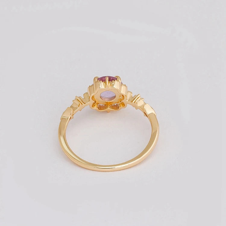 Emotional Factory 925 Sterling Silver 14K Gold Plated Gem Stone Gemstone Retro  Cz Zircon Flower Light Amethyst Ring