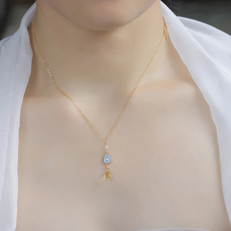 925 Sterling Silver 14K Gold Plated Gemstone Series Epoxy Natural Citrine Pendant Necklace With Diy Necklace