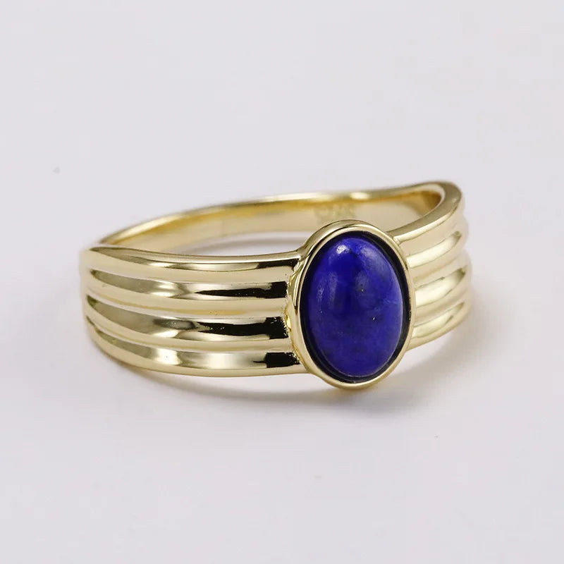 Emotional Factory 925 Sterling Silver 14K Gold Plated Gemstone Literary Retro Thickness Rings Lapis Lazuli Ring