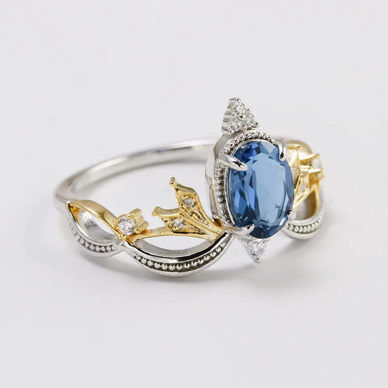 Bagues De Haute Joaillerie 925 Sterling Silver Gold Plated Gemstone Retro Carved Hollow Lace London Blue and White Zirconia Ring