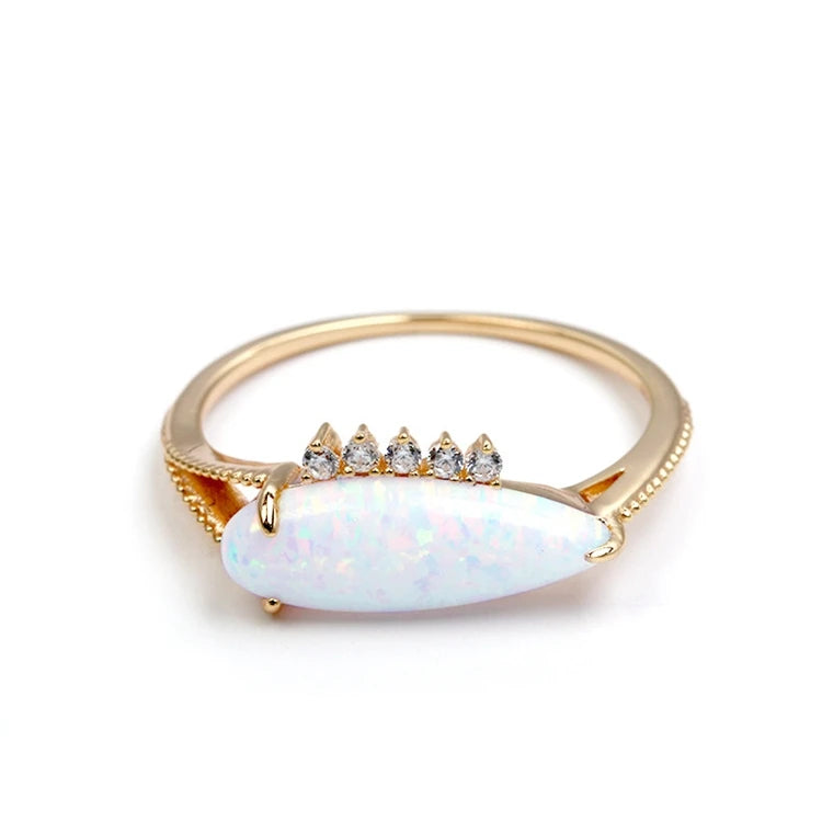 Emotional Factory 925 Sterling Silver 14K Gold Plated Gemstone Synthetic Artificial  Opal Long Boat Shaped Ring