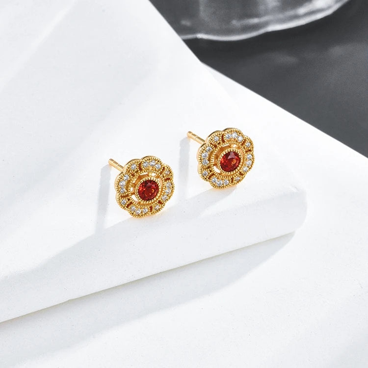 Emotional Factory 925 Sterling Silver 14K Gold Plated Gemstone Full Zircon Garnet Flower Round Stud Earrings
