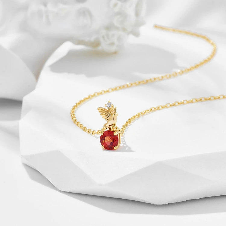 Emotional Factory 925 Sterling Silver 14K Gold Plated Gemstones Zircon Little Bird Natural Red Garnet Pendant Necklace