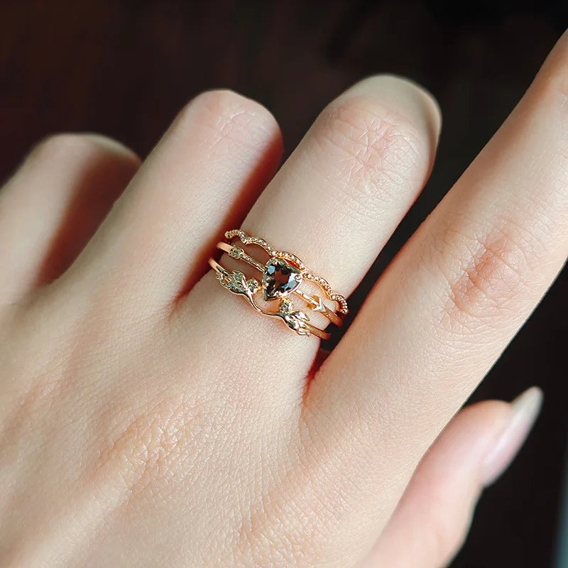 Emotional Factory 925 Sterling Silver 14K Gold Plated Gemstone Angel Heart Cloud Stacking Natural Smoky Quartz Ring