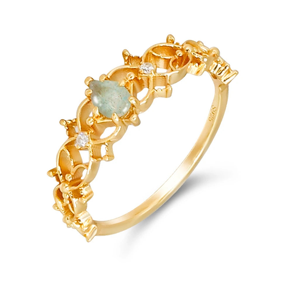 Emotional Anillos 925 Sterling Silver 14K Gold Plated Gem Stone Gemstone Cz Zircon Fashion Hollow Simple Clover Labradorite Ring