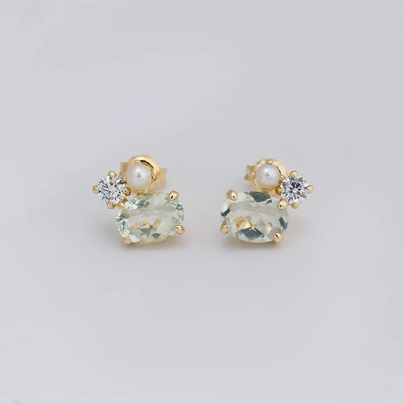 14K Gold Plated 925 Sterling Silver Earrings with Green Amethyst, Pearl, and Sparkling Zircon - Elegant Gemstone Cloud Design