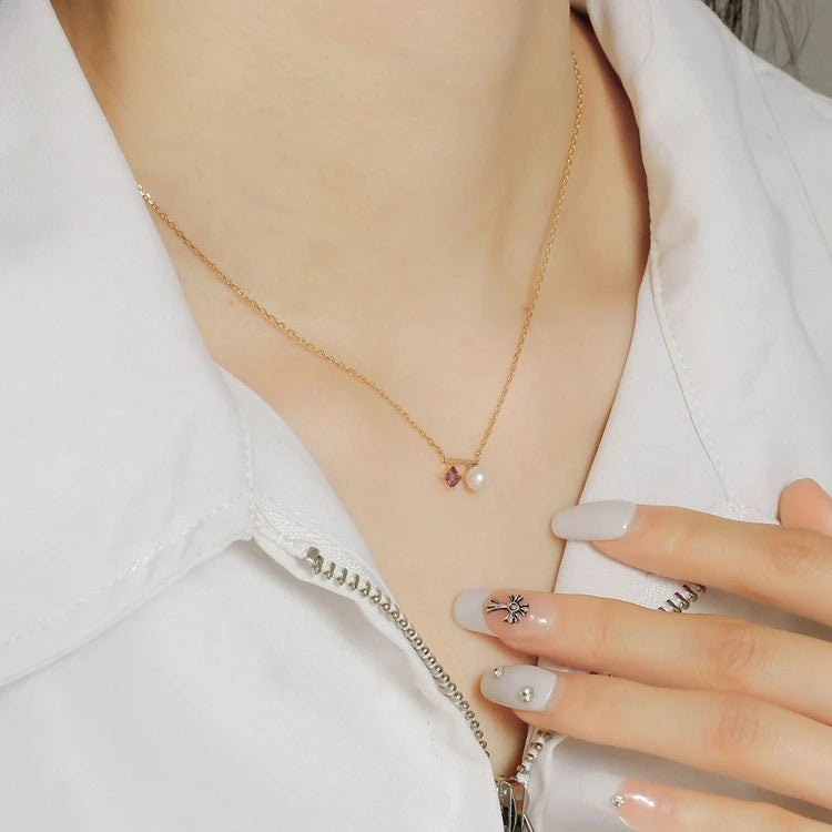 Emotional Factory 925 Sterling Silver 14K Gold Plated Gemstone Pearl Amethyst Bar Necklace