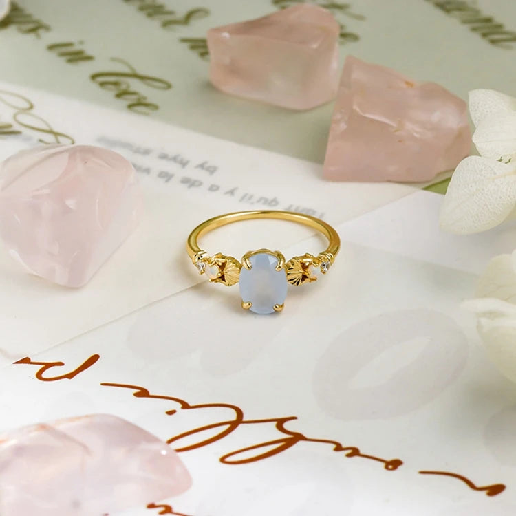 Emotional Factory 925 Sterling Silver 14K Gold Plated Gem Stone Gemstone Summer Shell Necklace Navy Blue Chalcedony Ring