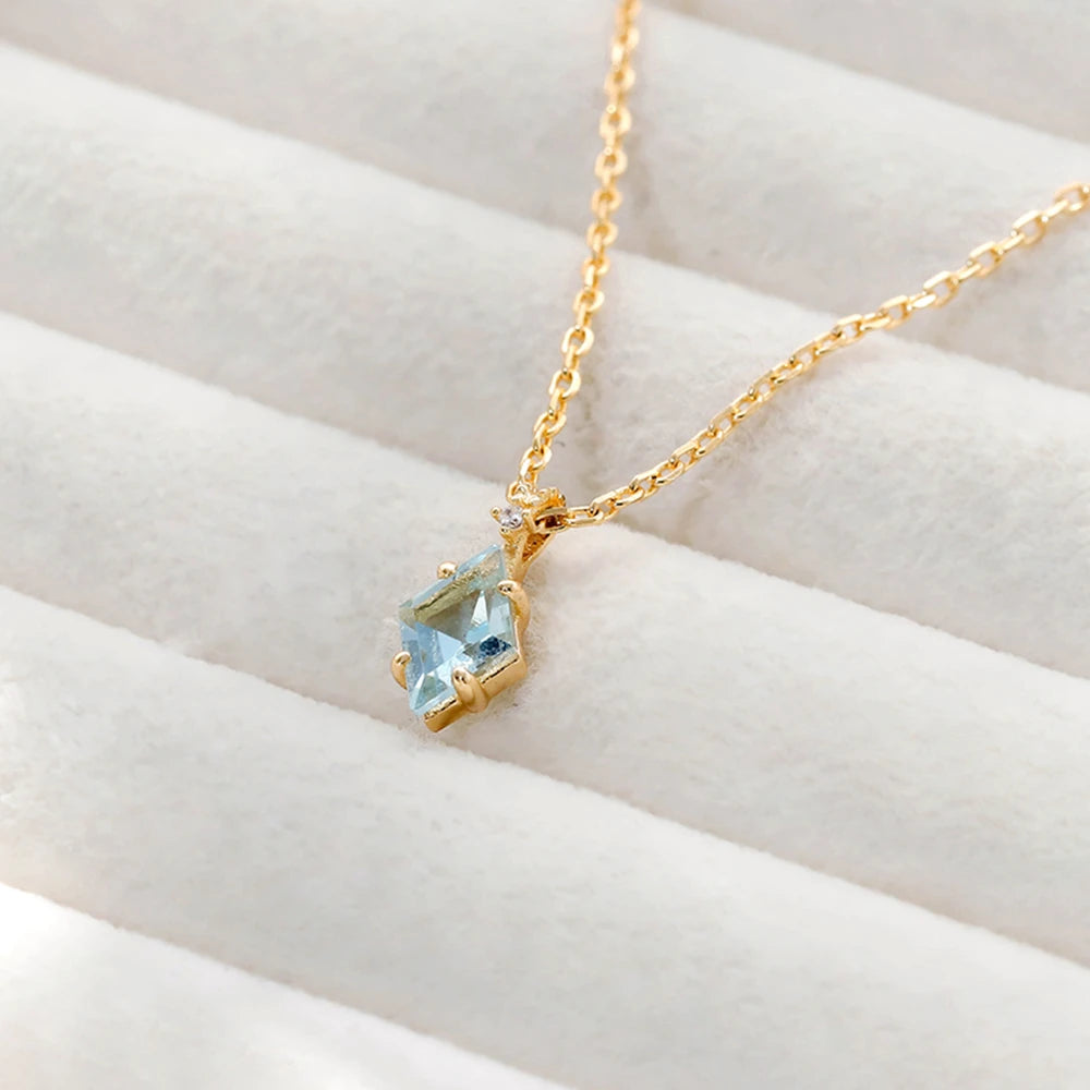 925 Sterling Silver 14K Gold Plated Gemstone Geometrical Bead Simple Diamond Topaz Necklace