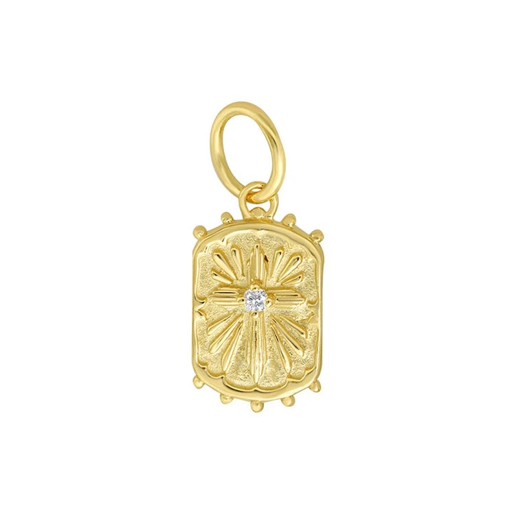 Emotional Factory 925 Sterling Silver 14K Gold Plated Gemstone Antique Badge Cross Carved Wave Point Pendant