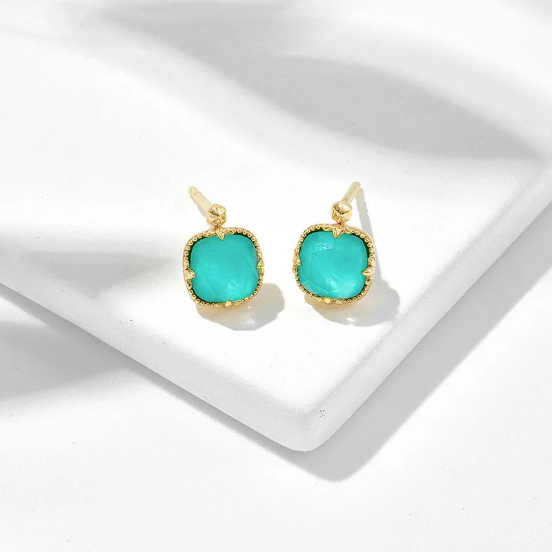 Emotional 925 Sterling Silver 14K Gold Plated Gemstone Geometry  Gem White Rock Crystal Natural Square Turquoise Stud Earrings