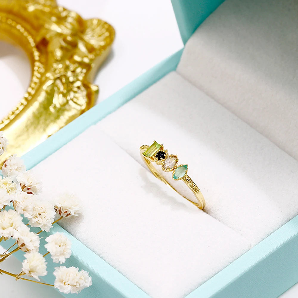 925 Sterling Silver 14K Gold Plated Gemstone Labradorite Black Onyx Peridot Chrysoprase Rainbow Gem Egg Round Square Stone Ring