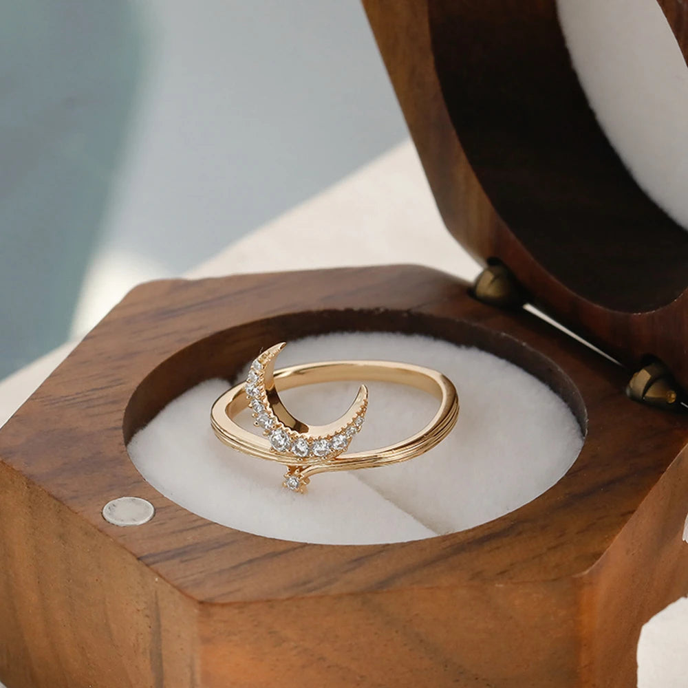 925 Sterling Silver 14K Gold Plated Gemstone Cz Zircon Meteors Star Moon Ring