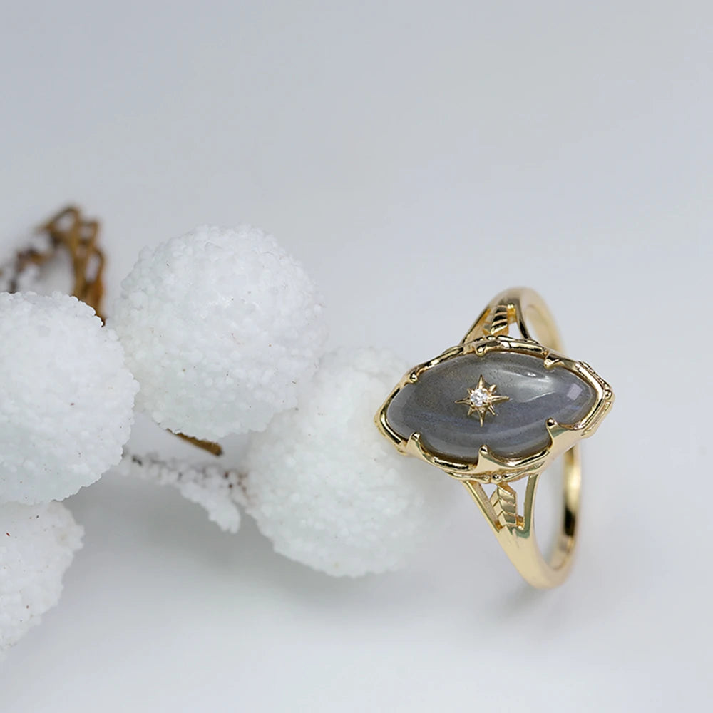 925 Sterling Silver 14K Gold Plated Gemstone Night Sky Stars Vintage Fantasy Women Grey Labradorite Ring