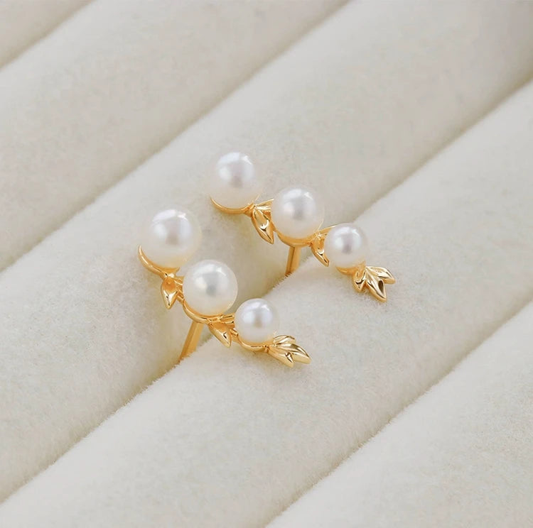 Emotional Factory 925 Sterling Silver 14K Gold Plated Gemstone Leaves Shaped Stud Pearl Earrings