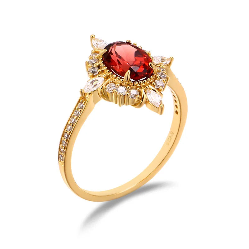 925 Silver 14k Gold Plated Geometric Ring with Natural Garnet & Vintage Cubic Zircon - Elegant Handcrafted  FIne Jewelry