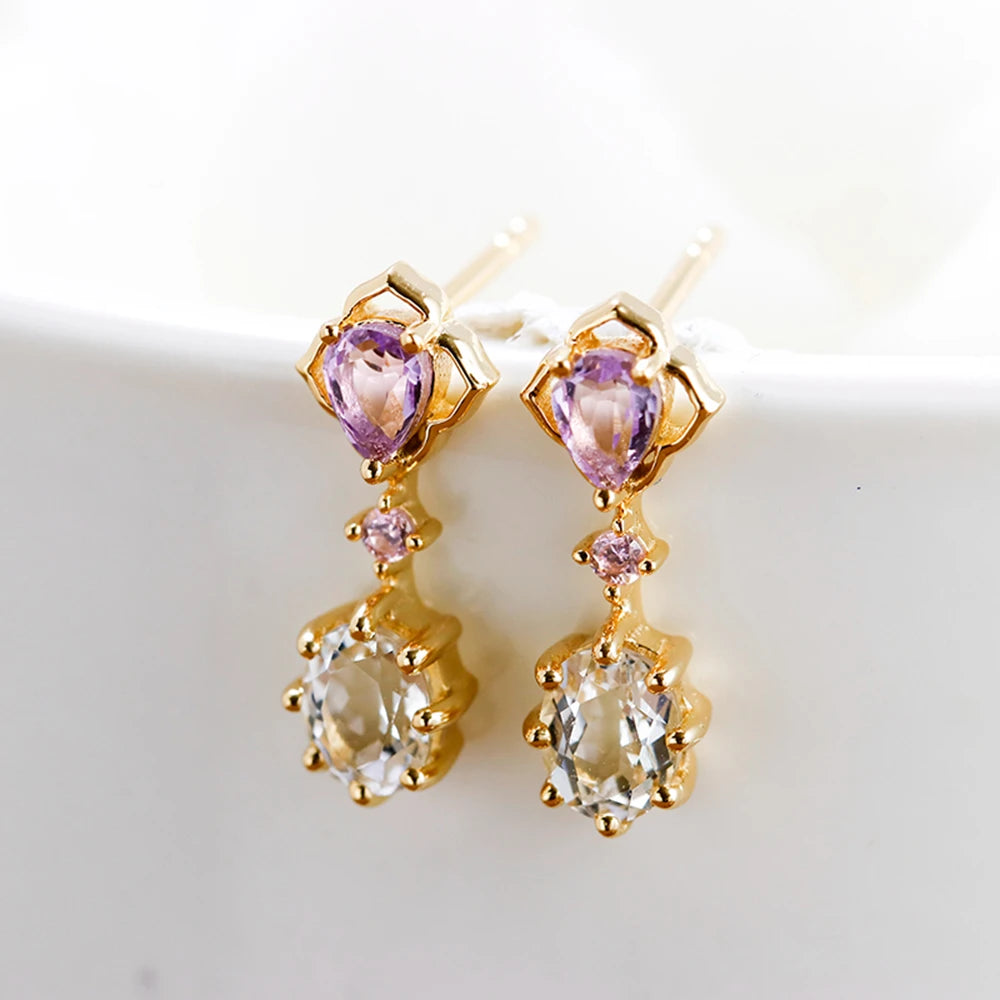Emotional Factory 925 Sterling Silver 14K Gold Plated Gemstone Zircon White Topaz Pink Amethyst Strip  Earrings