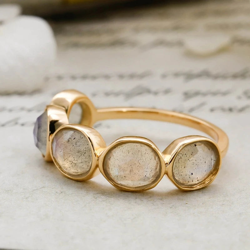 925 Sterling Silver 14K Gold Plated Gemstone 5 Stone Retro Vintage Irregular Natural Labradorite Ring