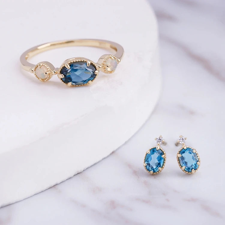 925 Sterling Silver 14K Gold Plated Gemstone Paw Set Stone Opal Blue Topaz Stud Earrings