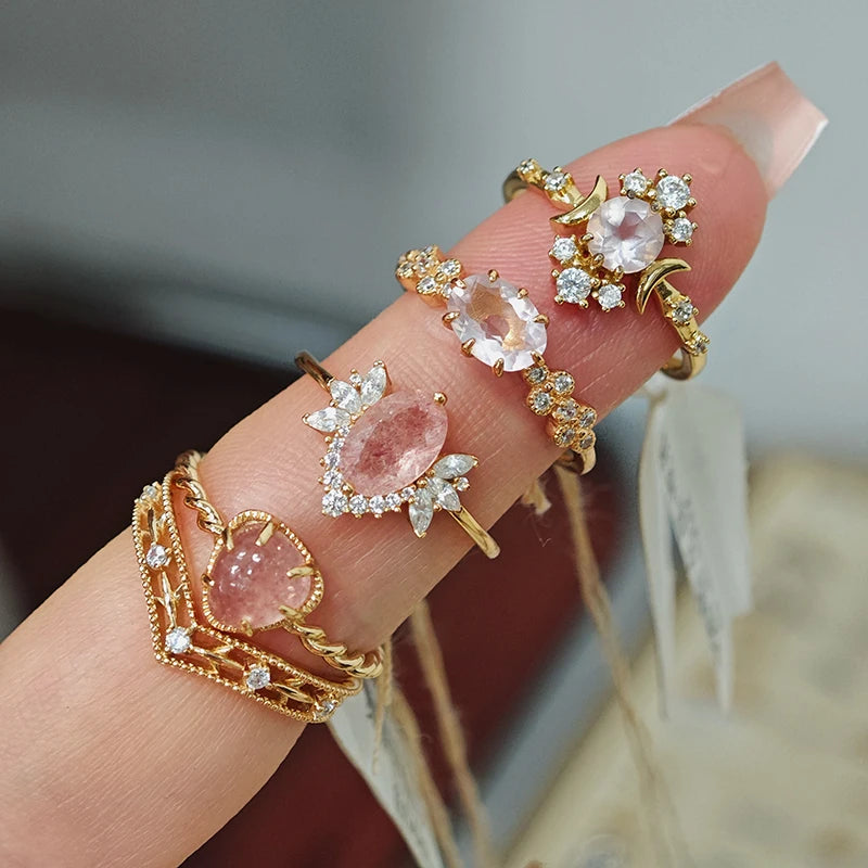 925 Sterling Silver Gold Plated Gemstone Butterfly Strawberry Moon Star Cz Zircon Rose Quartz Night Sky Iolite Labradorite Ring