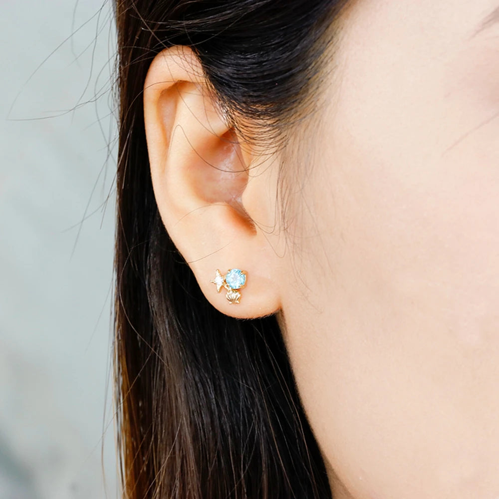 Emotional Factory 925 Sterling Silver 14K Gold Plated Gemstone Summer Star Shell Apatite Stud Earrings