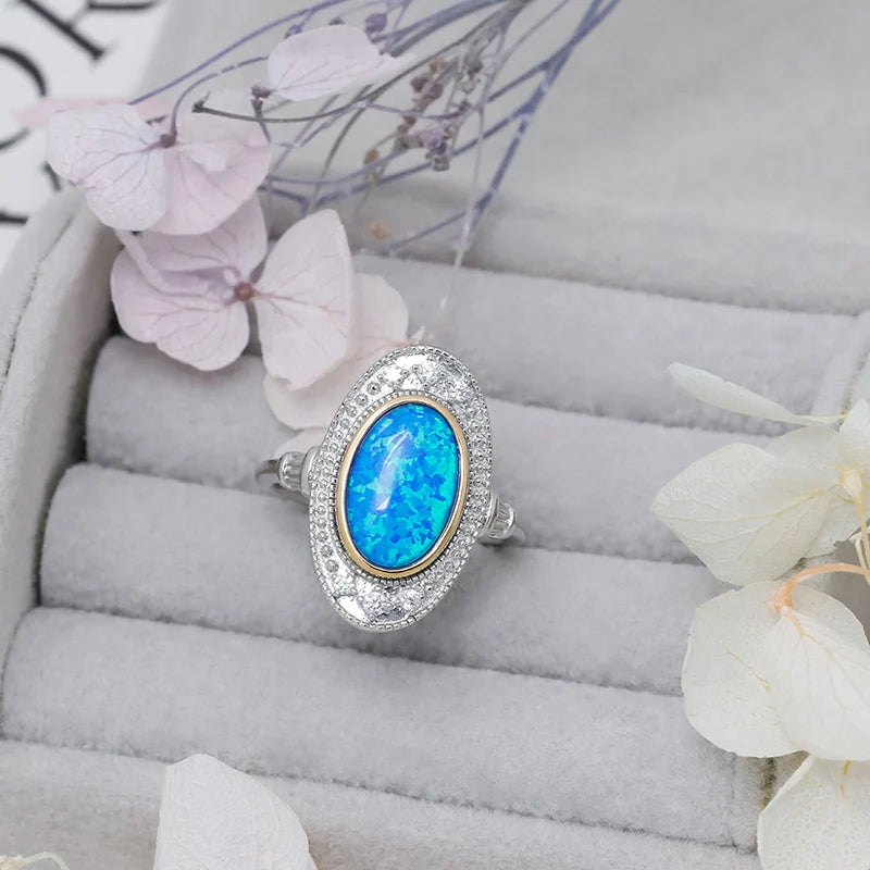 Vintage French Inspired British Style S925 Sterling Silver Ring With Artificial Opal Fine Jewelry
