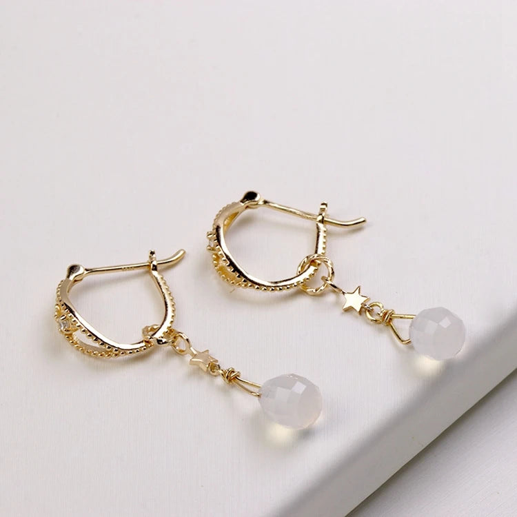 EmotiEmotional Factory 925 Sterling Silver 14K Gold Plated Gemstone White Chalcedony Premium ZIRCON Star Pendant Earrings